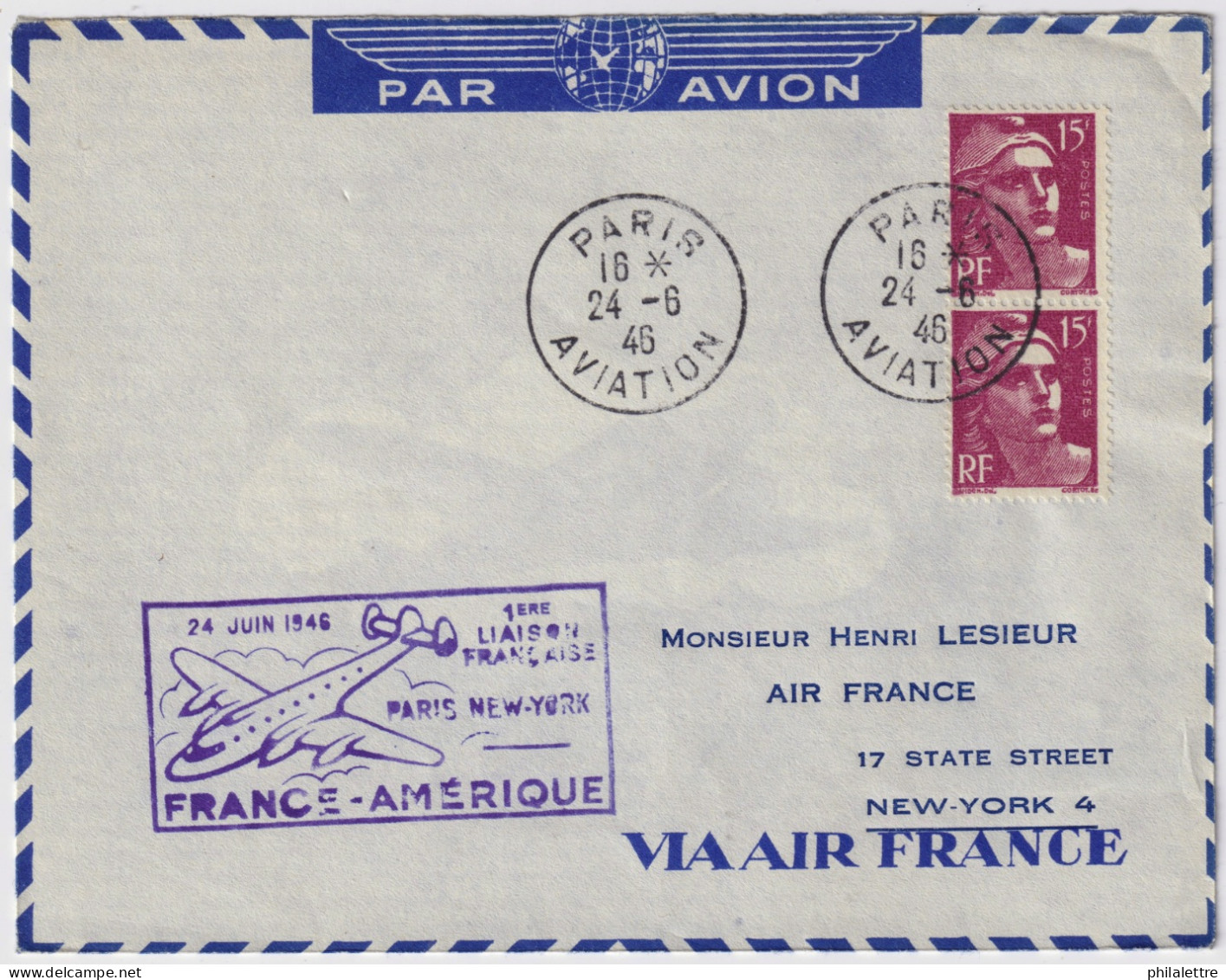 FRANCE - 1946 - Paire Yv.724 15fr Lilas-rose (typo) Gandon Sur Pli 1er Vol Paris-New York - TB - 1945-54 Marianna Di Gandon