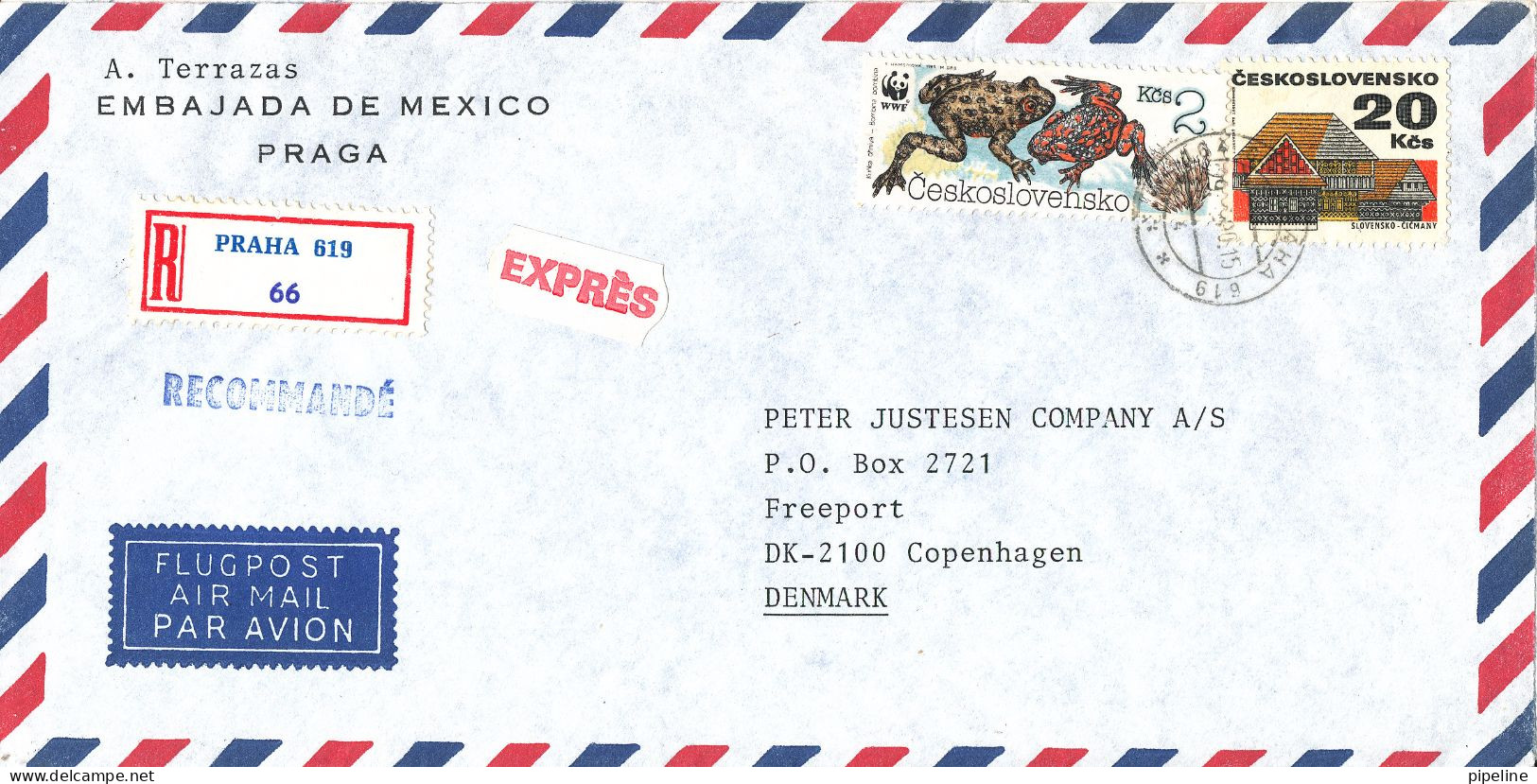 Czechoslovakia Registered Air Mail Cover Sent Express To Denmark 1990 WWF Stamp (from The Embassy Of Mexico Praga) - Luchtpost