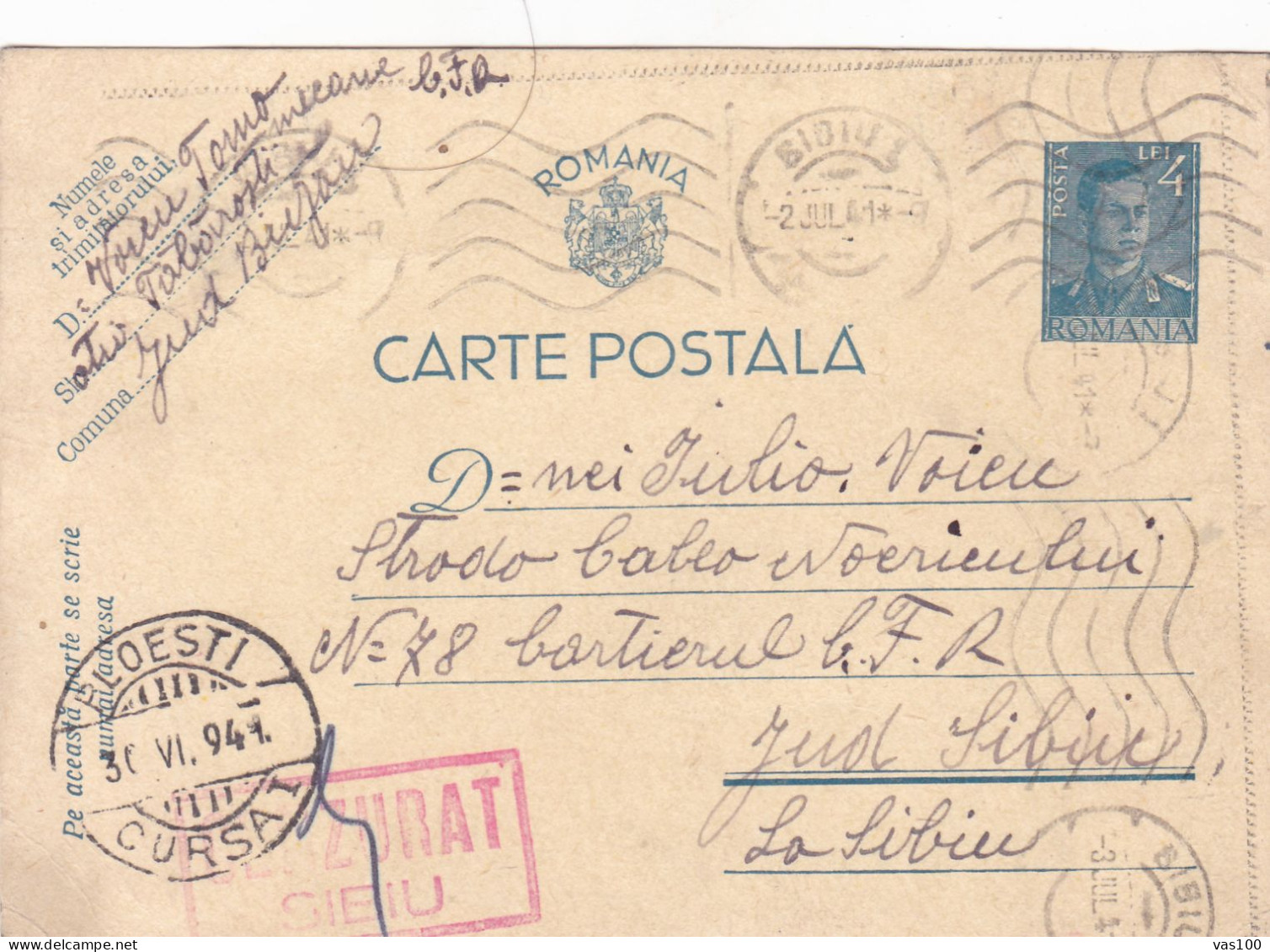 KING MICHAEL WW2 CENSORED,CENSOR,SIBIU, PC STATIONERY, ENTIER POSTAL 4 LEI, ROMANIA - World War 2 Letters