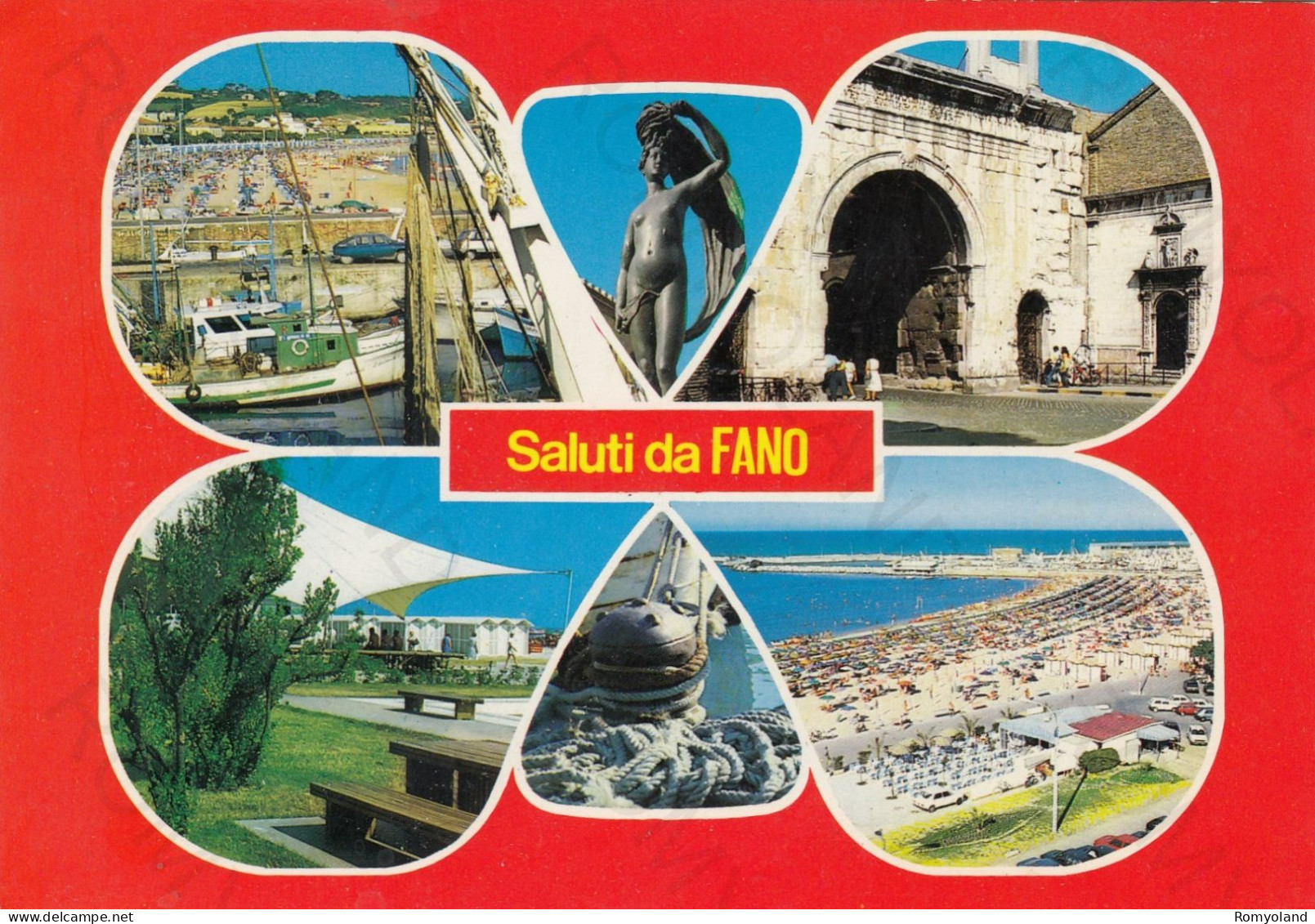 CARTOLINA  FANO,MARCHE-SALUTI DA FANO-STORIA,MEMORIA,CULTURA,RELIGIONE,IMPERO ROMANO,BELLA ITALIA,VIAGGIATA 1988 - Fano