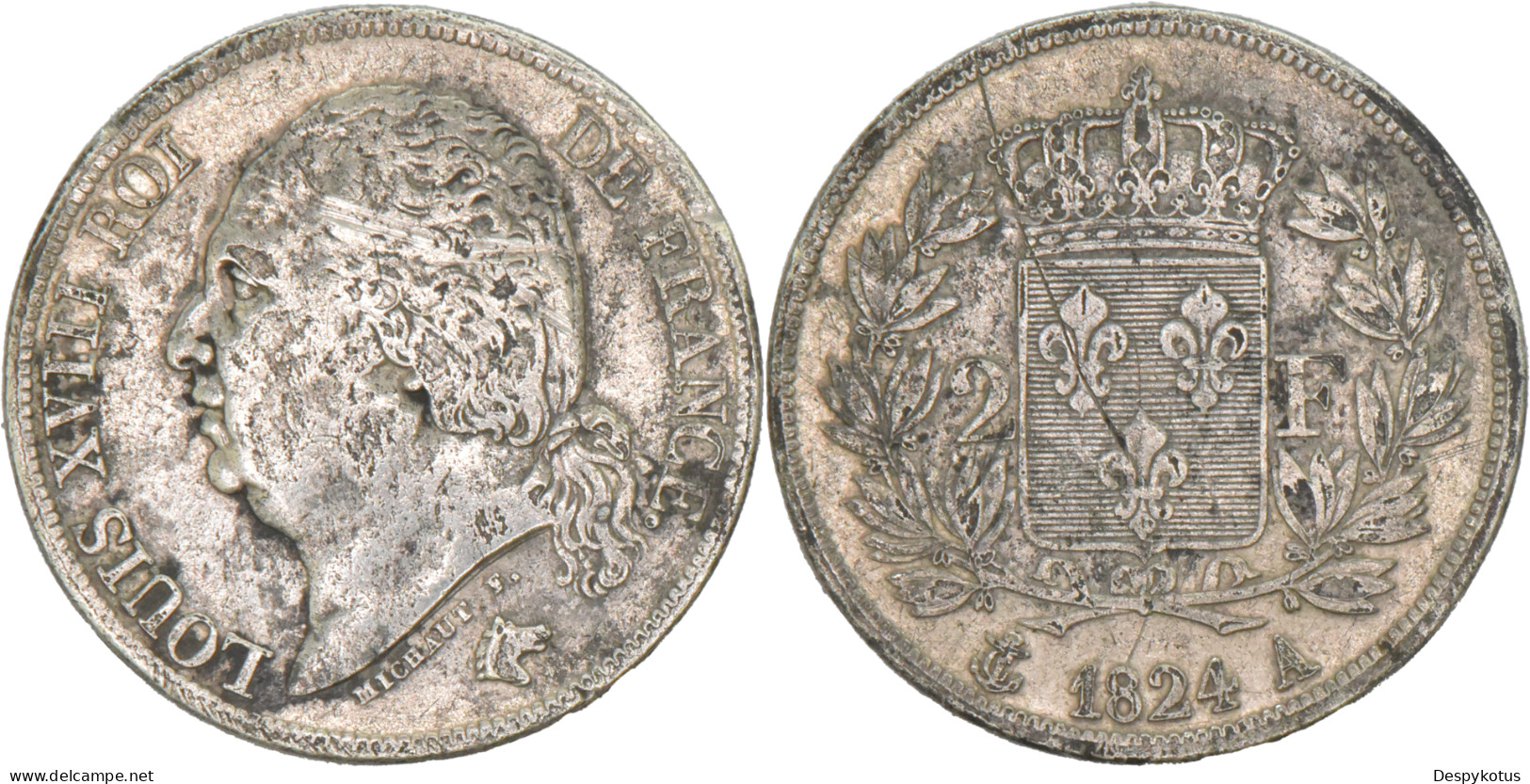 France - 1824 - 2 Francs Louis XVIII - Paris (A) - 283 714 Ex. - 13-072 - 2 Francs