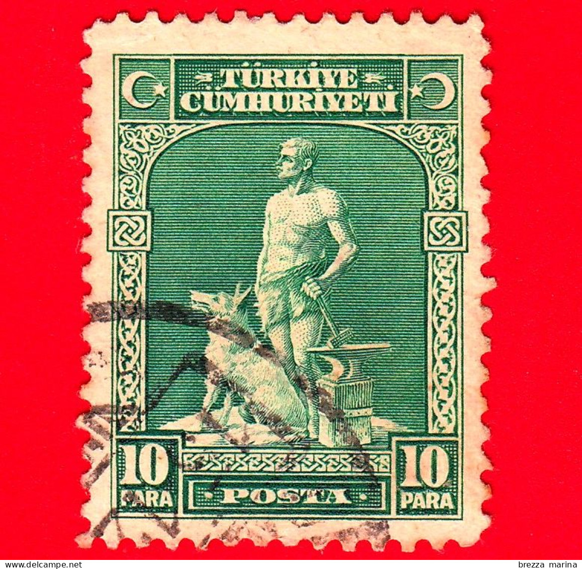 TURCHIA - Usato - 1930 - Il Leggendario Fabbro E Il Suo Lupo Grigio (lettere Arabe) - Boz  Kurd E Lupo - 10 - Verde - Gebruikt