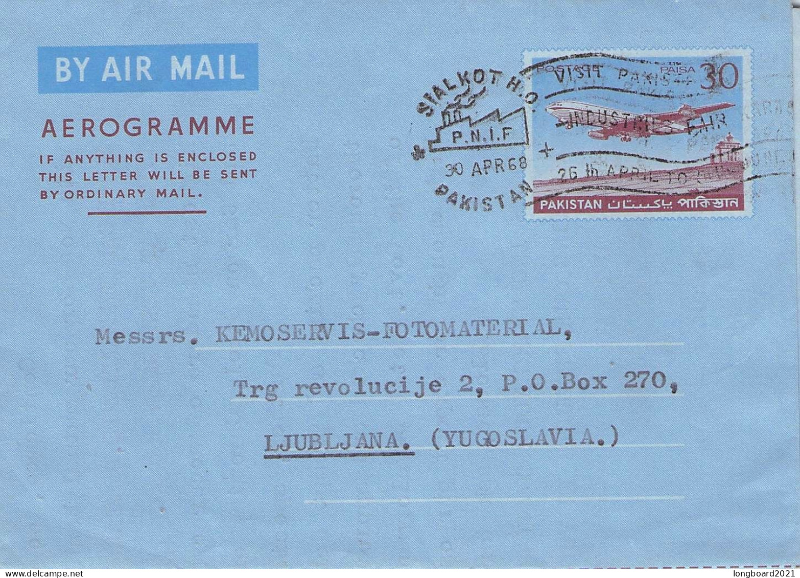 PAKISTAN - AEROGRAMME 1968 STALKOT - LJUBLJANA / *455 - Pakistan