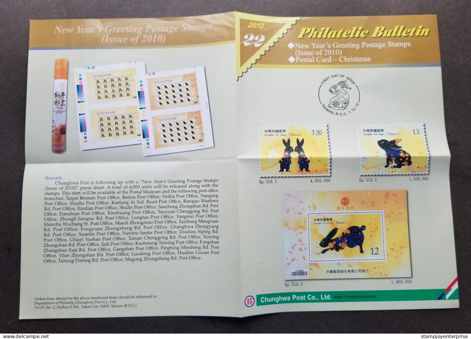 Taiwan New Year's Greeting Lunar Rabbit 2010 Zodiac Animal Pet Chinese (miniature FDC) *rare - Brieven En Documenten