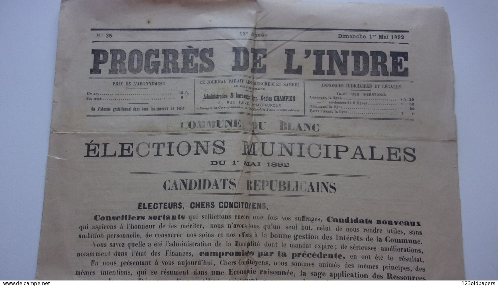 COMMUNE DU BLANC INDRE PROGRES DE L INDRE 1ER MAI 1892 ELECTIONS MUNICIPALES PEYROT DESGACHONS - Historische Dokumente