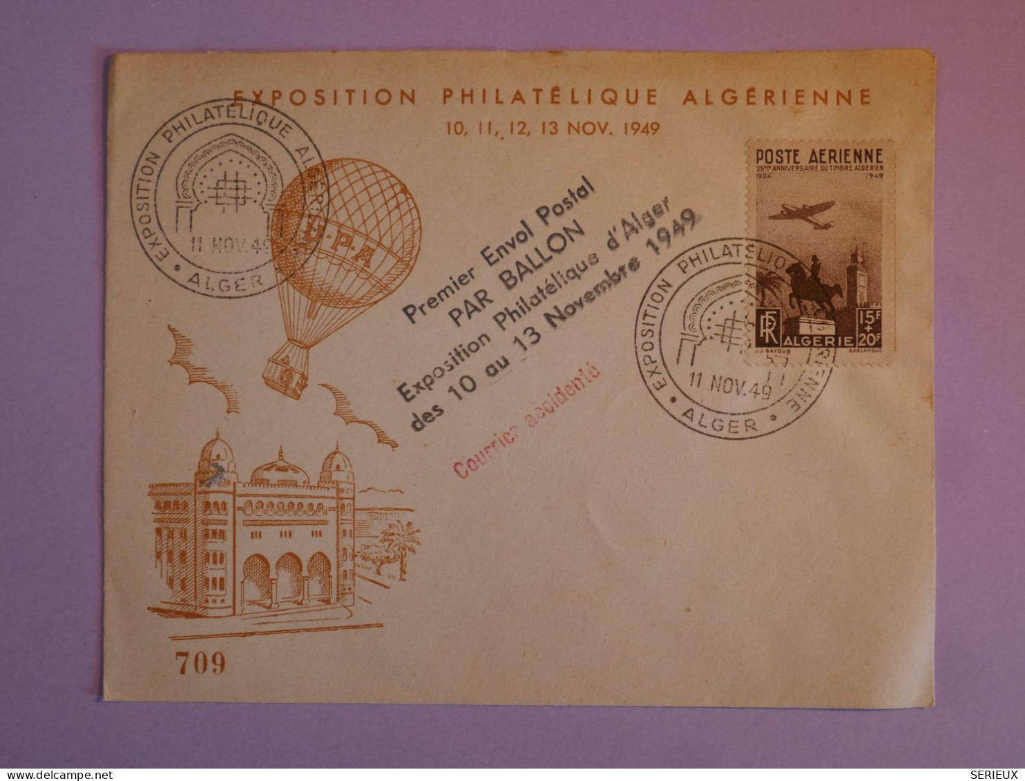 BV9 ALGERIE   BELLE CARTE  11 NOV. 1949  AERIEN . ..PAR BALLON   +AFF. PLAISANT+ - Poste Aérienne