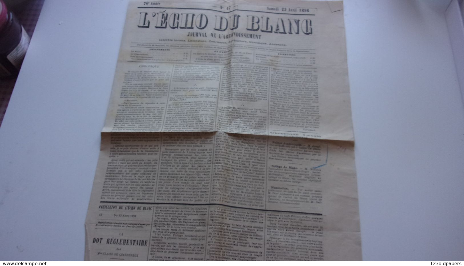 L ECHO DU BLANC INDRE 23 AVRIL 1898 JOURNAL DE L ARRONDISSEMENT - Documents Historiques