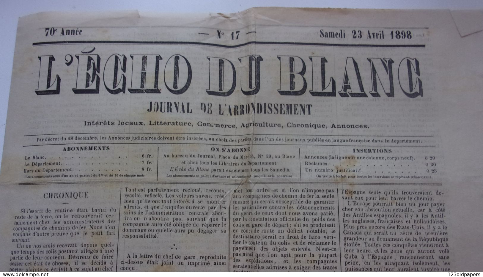 L ECHO DU BLANC INDRE 23 AVRIL 1898 JOURNAL DE L ARRONDISSEMENT - Historical Documents