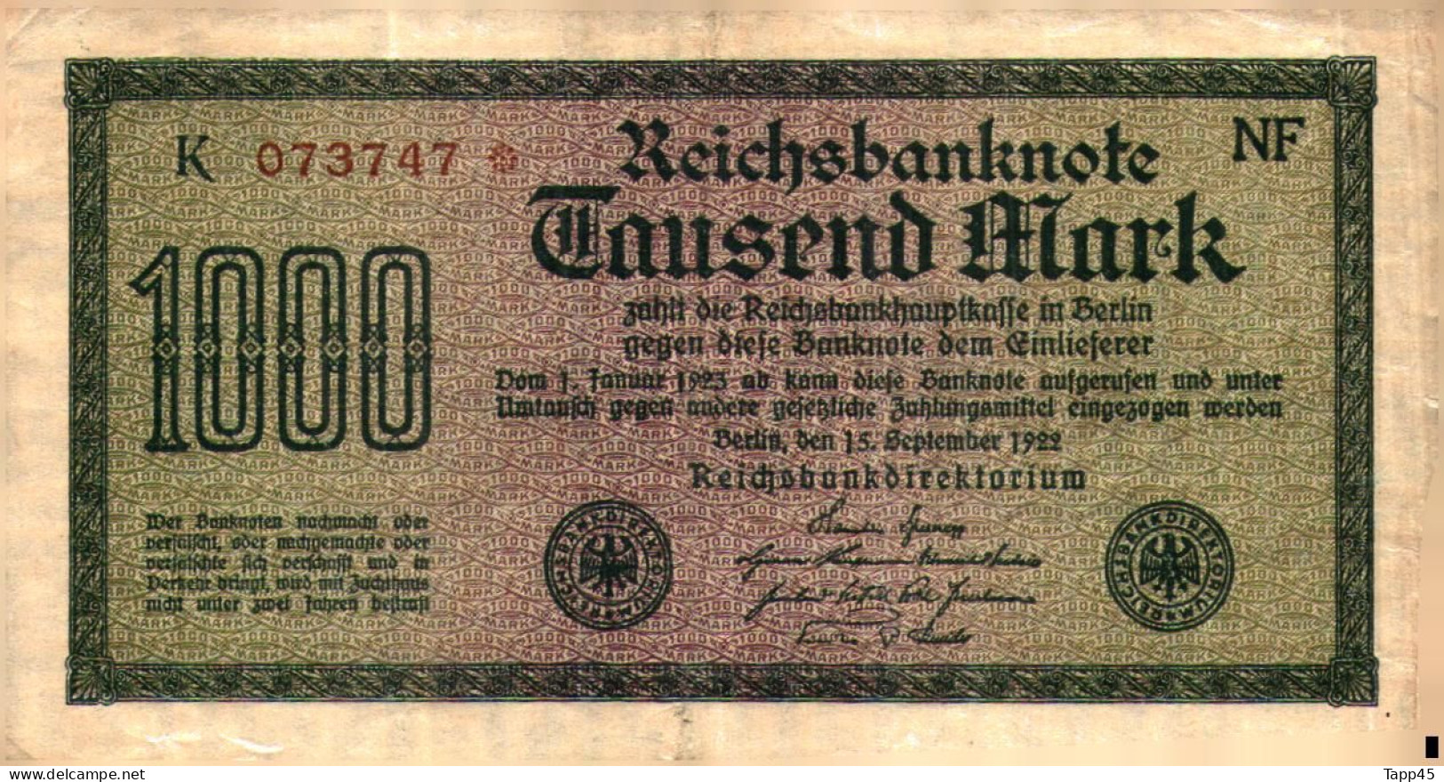 Billet > Allemagne > Voir Le Scan >  Reichsbanknote >1923 > Réf:C 04 - 1.000 Mark