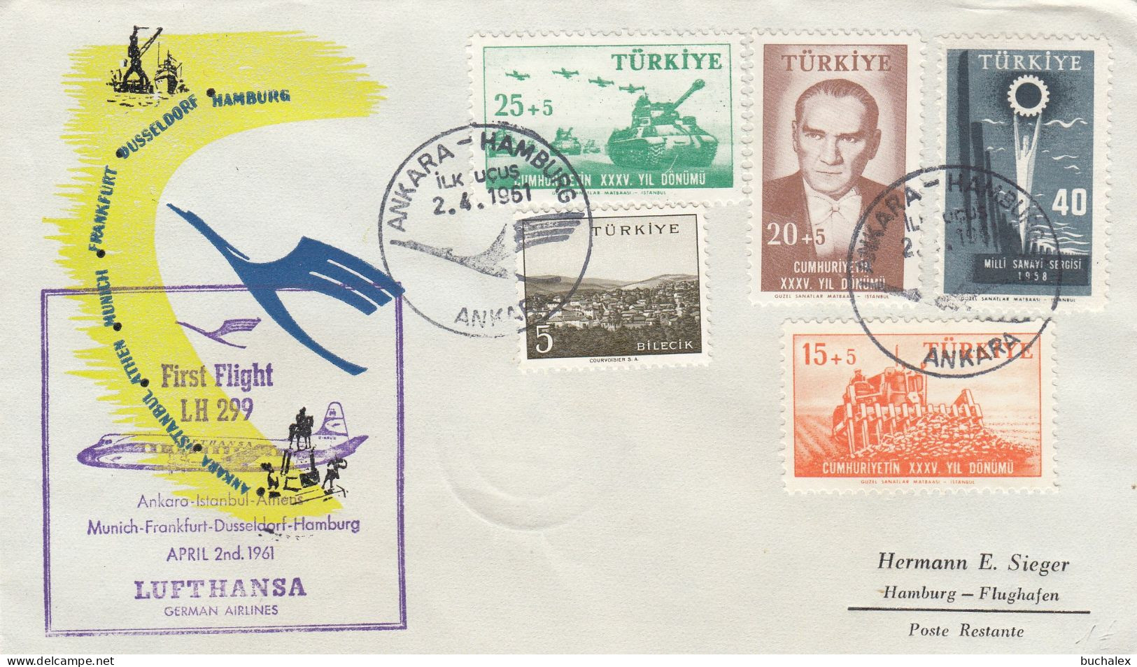 Lufthansa Erstflug Ankara - Hamburg Am 2.4.1961 Flug LH 299 - Poste Aérienne