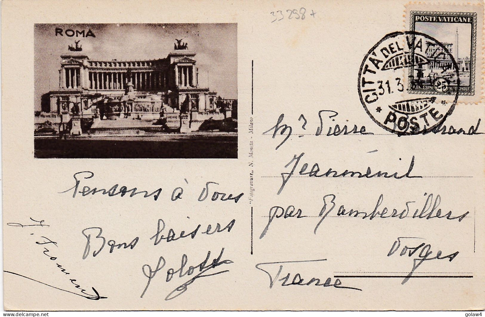 33298# CARTE POSTALE ROMA AUTOSTRADA ROMA OSTIA Obl CITTA DEL VATICAN 1934 JEANMENIL Par RAMBERVILLERS VOSGES - Covers & Documents