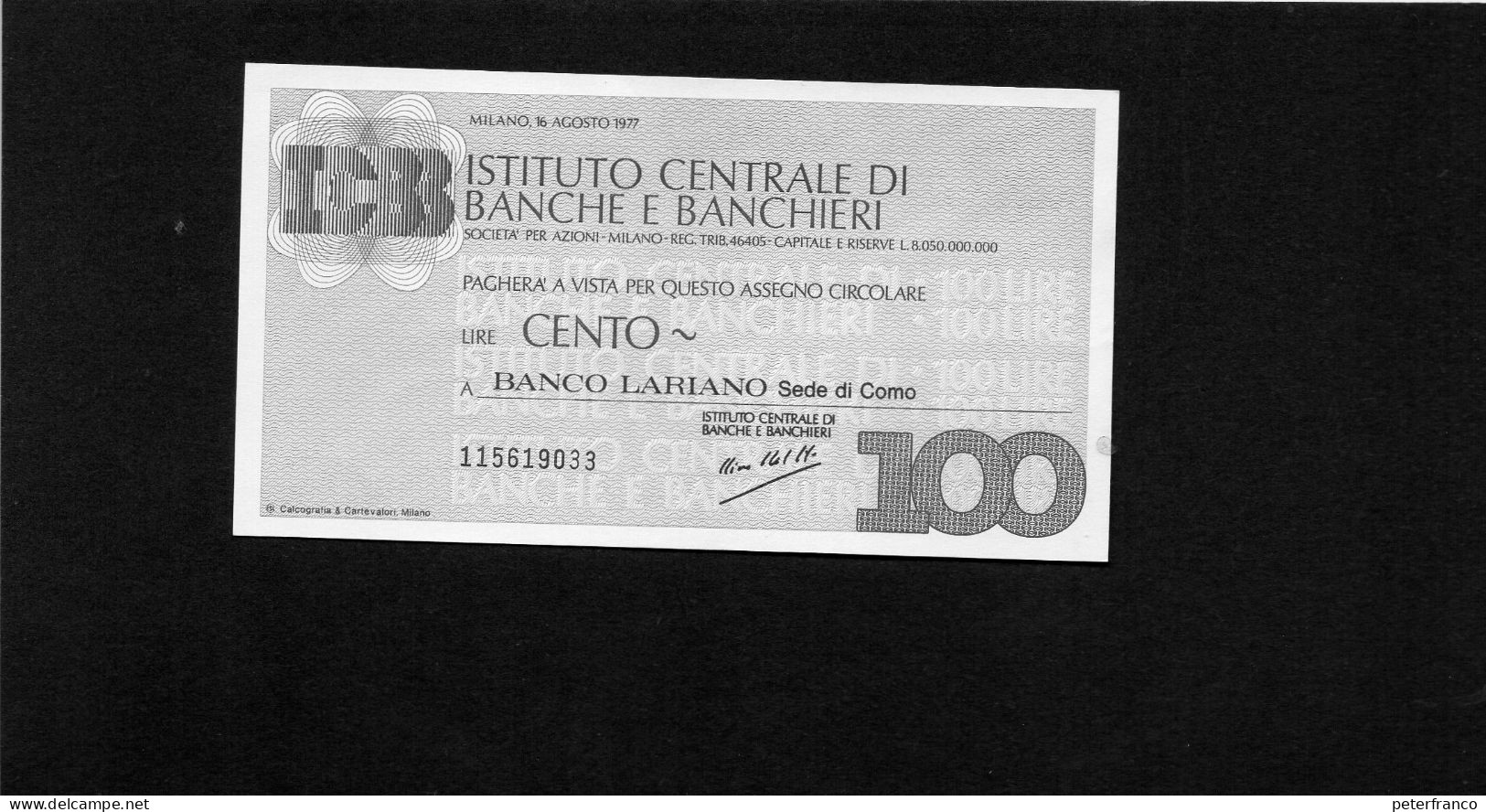 Miniassegno Istituto Centrale Banche E Banchieri - Milano 1977 - Non Classés