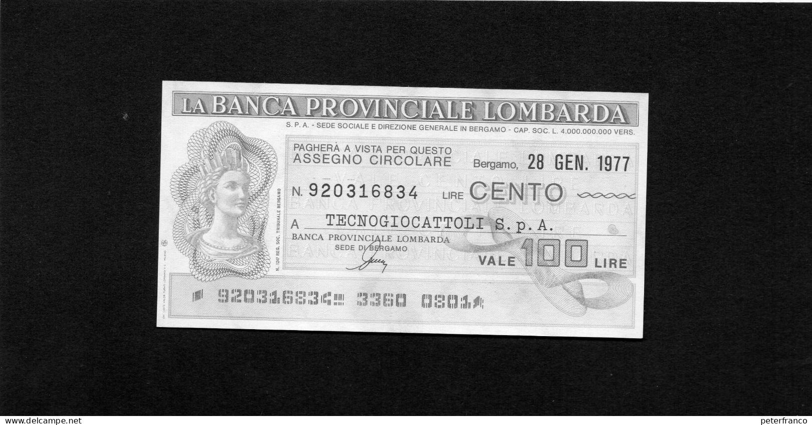 Miniassegno Banca Provinciale Lombarda - Bergamo 1977 - Non Classés