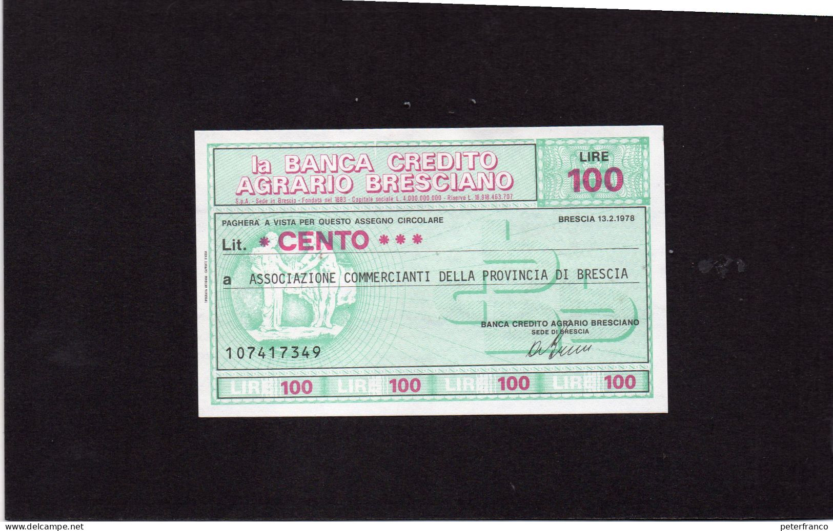 Miniassegno Istituto Di Credito Agrario Bresciano - Brescia 1978 - Non Classés