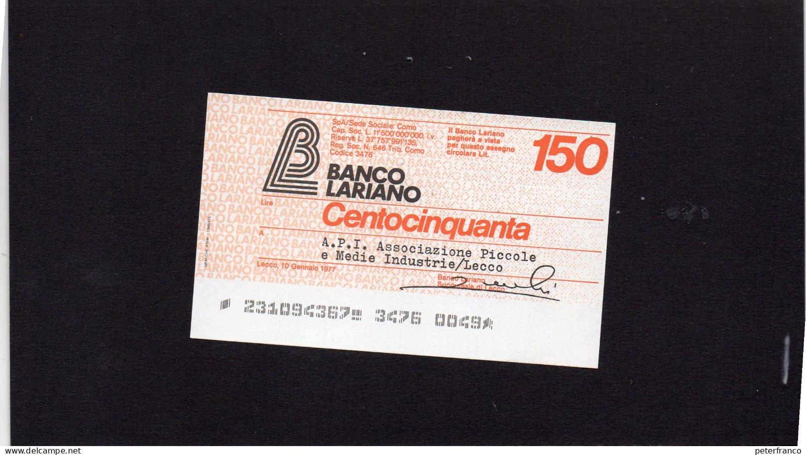 Miniassegno Banco Lariano - Lecco 1977 - Ohne Zuordnung