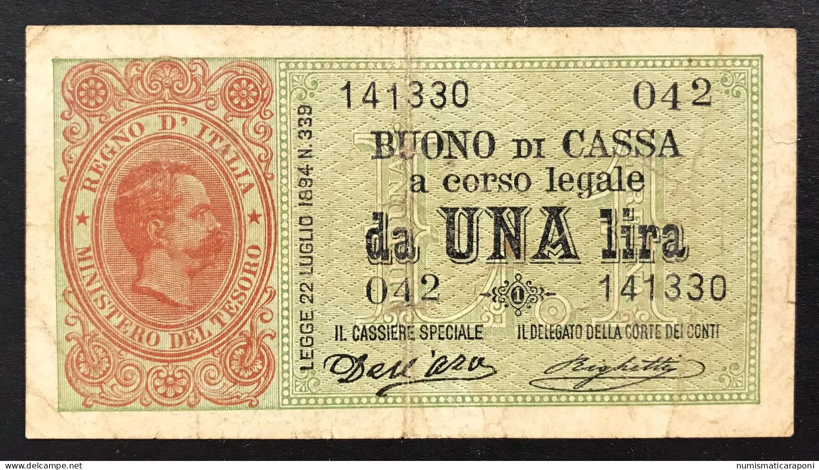 1 Lira Umberto I° 02 08 1894 R2 RR Carta Naturale E Bei Colori Forellino Lungo La Filigrana Centrale BB LOTTO 3420 - Italia – 1 Lira
