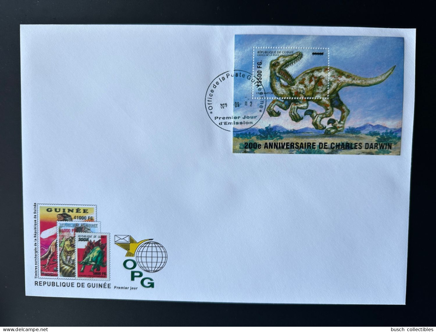 Guinée Guinea 2009 Mi. Bl. 1738 FDC Surchargé Overprint Dinosaures Dinosaurier Dinosaurs Anniversaire De Charles Darwin - Prehistorisch