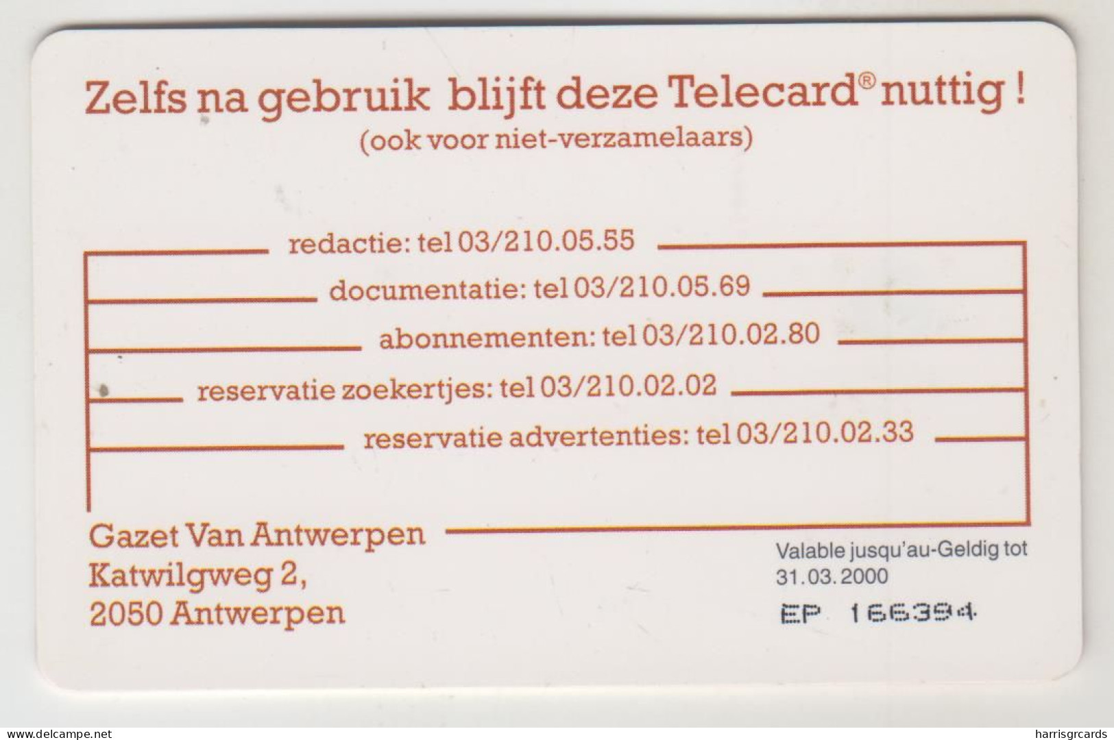 BELGIUM - Gazet Van Antwerpen, 50 BEF, Tirage 175.000, Used - With Chip