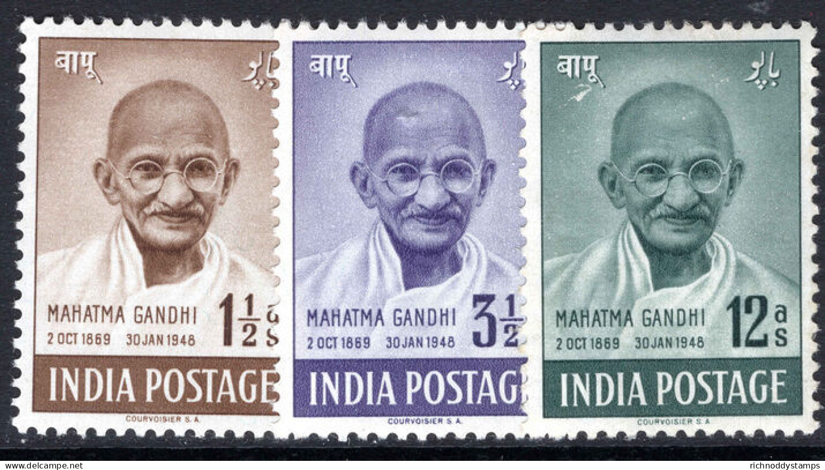 India 1948 Gandhi Part Set Lightly Mounted Mint. - Unused Stamps