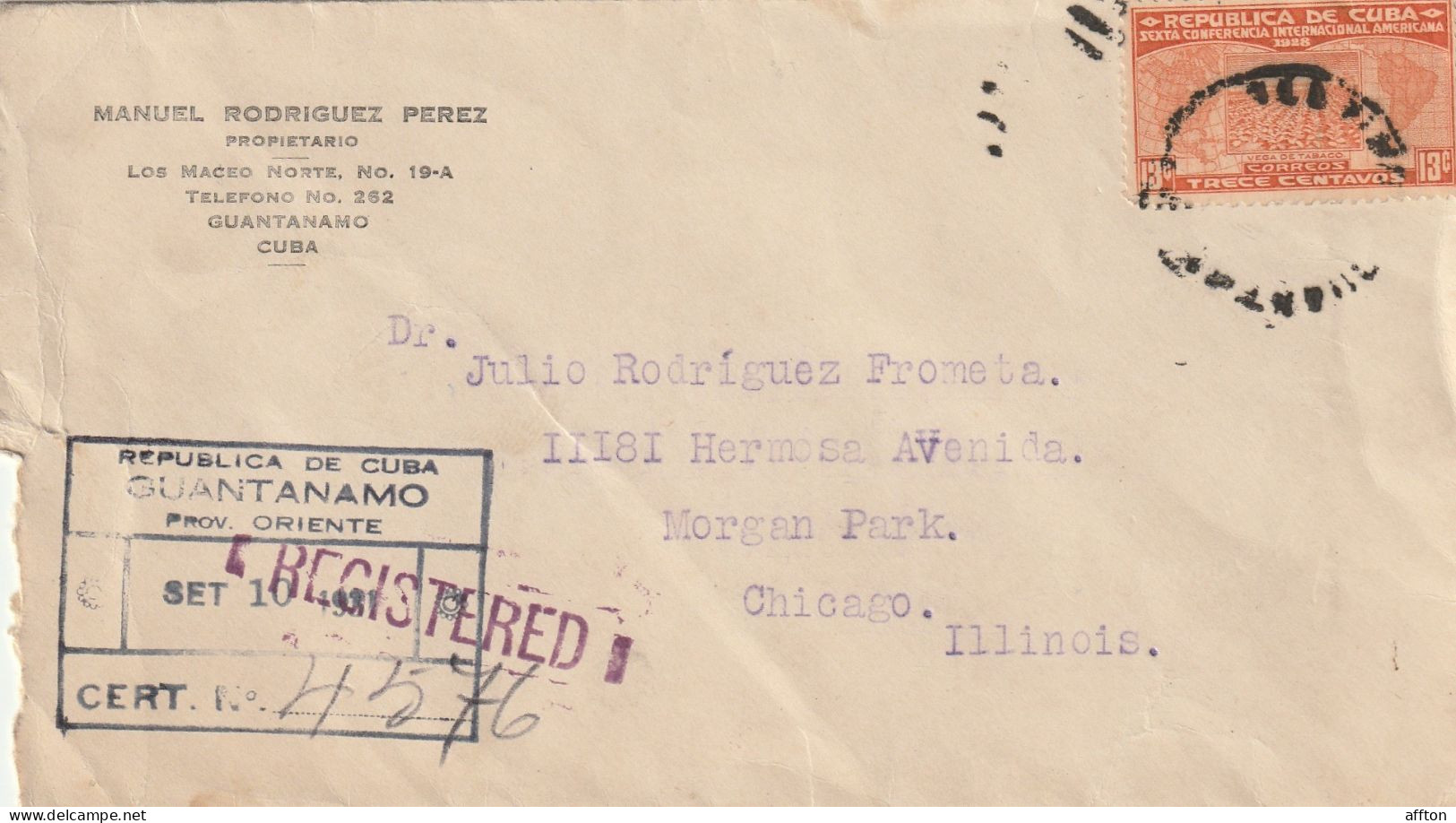 Guantanamo Cuba 1931 Registered Cover Mailed - Lettres & Documents
