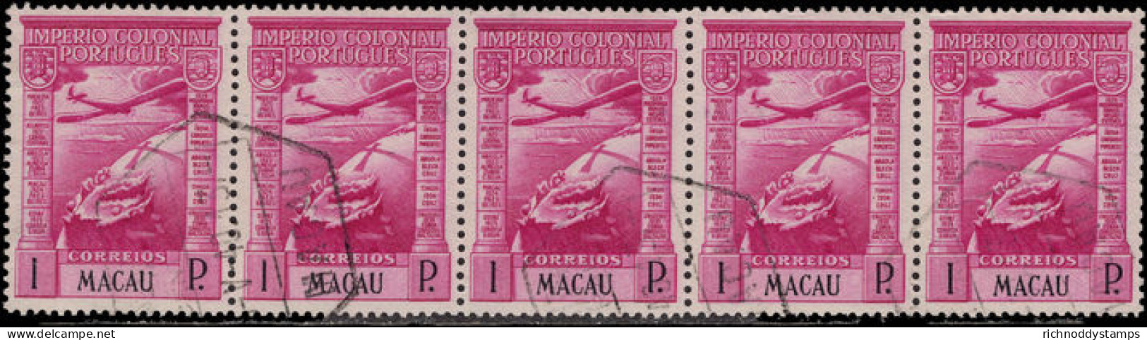 Macau 1938 Columbus 1p In Fine Used Strip Of 5. - Oblitérés