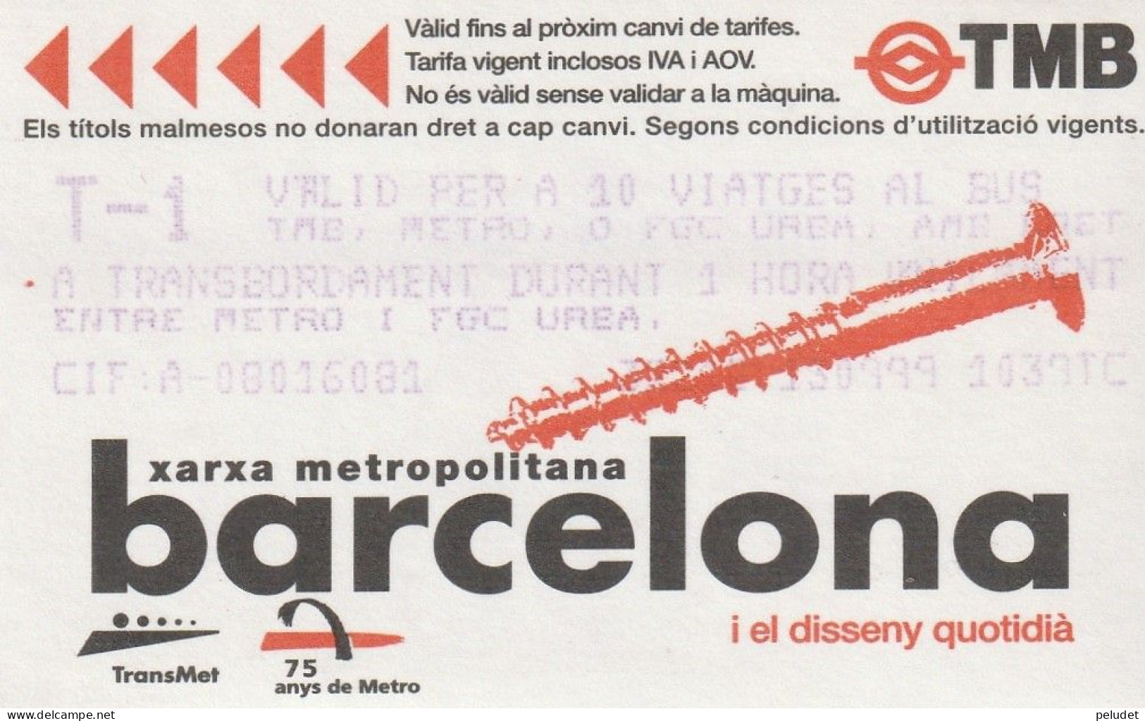 Ticket  Metro Subway Barcelona TMB - ATM - 1999-2000? - Europa