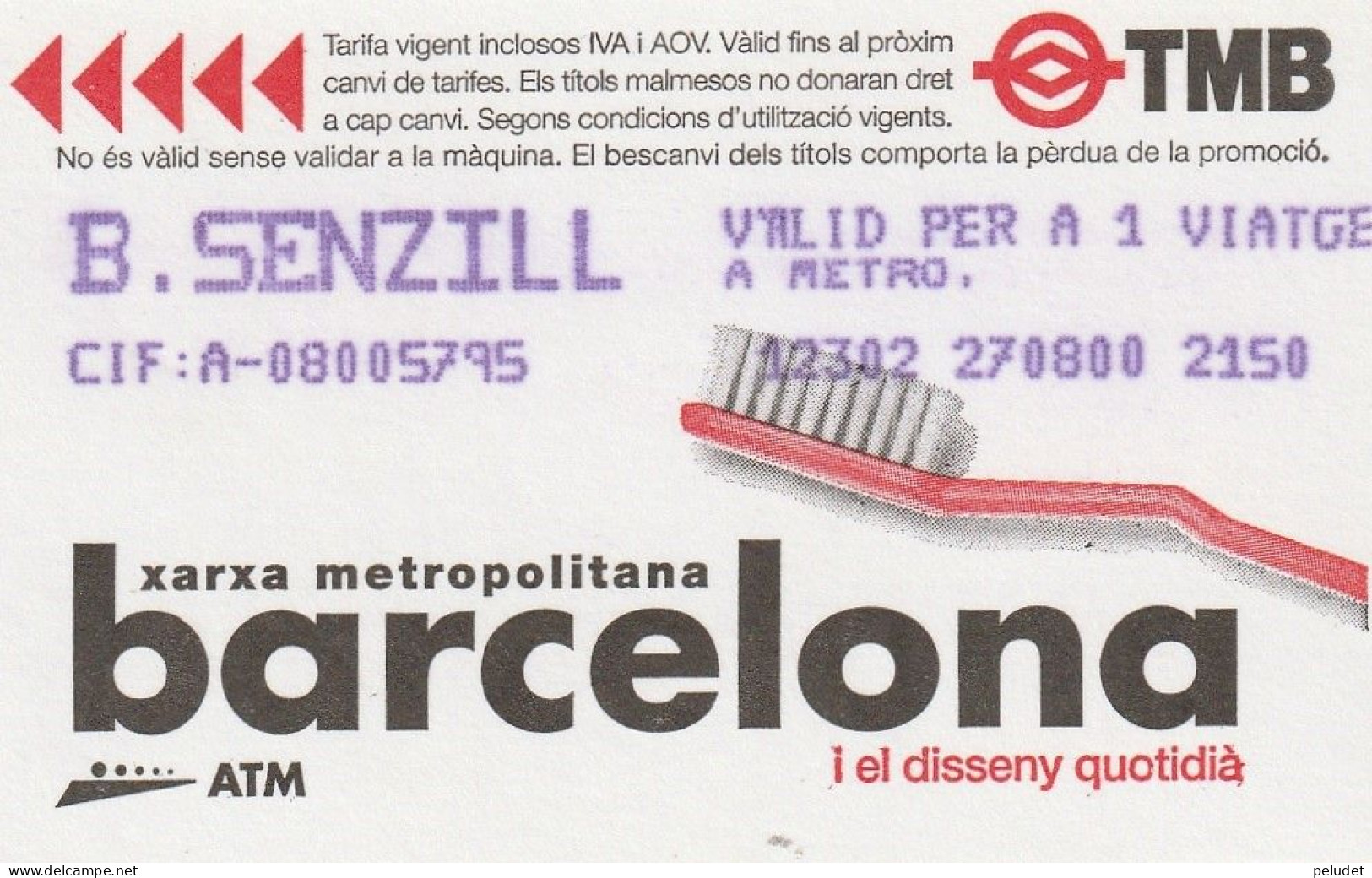 Ticket  Metro Subway Barcelona TMB - ATM - 1999-2000? - Europe