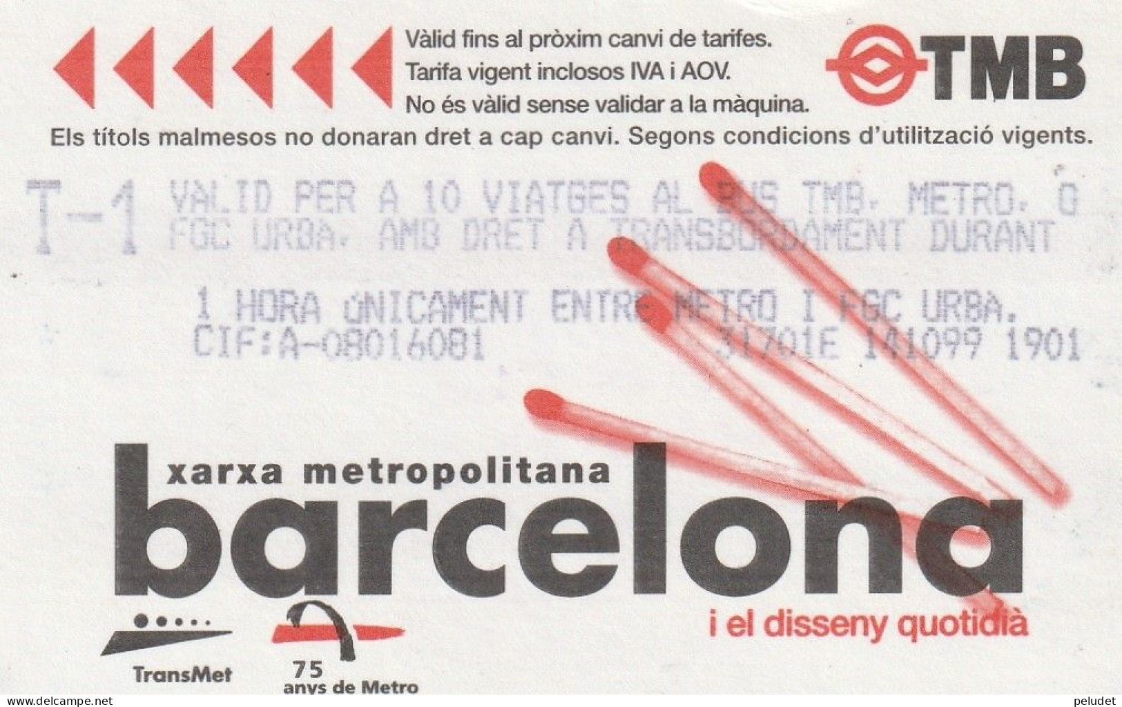 Ticket  Metro Subway Barcelona TMB - ATM - 1999-2000? - Europe