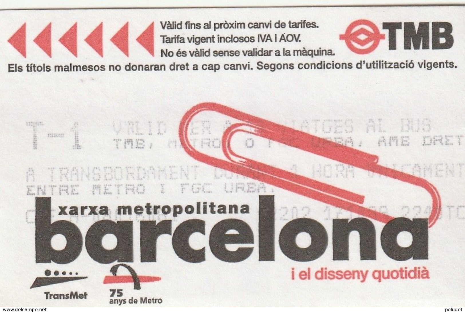 Ticket  Metro Subway Barcelona TMB - ATM - 1999-2000? - Europe