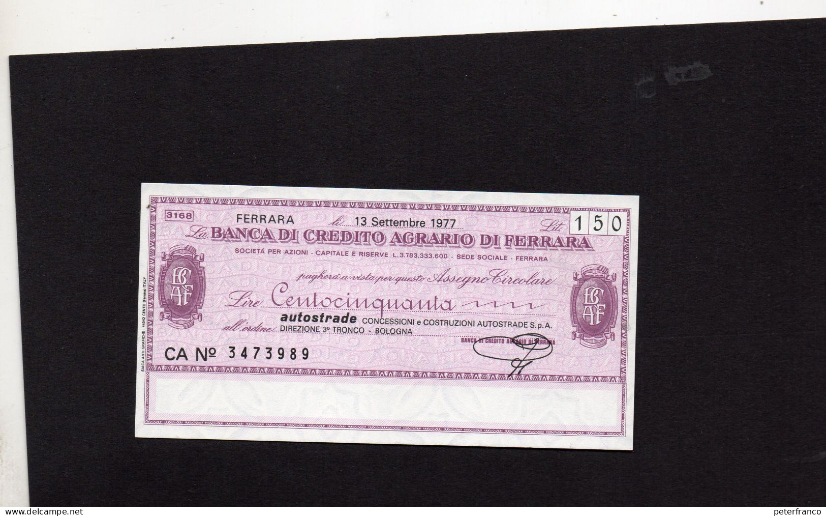 Miniassegno Banca Di Credito Agricolo Di Ferrara -- Ferrara 1977 - Non Classés