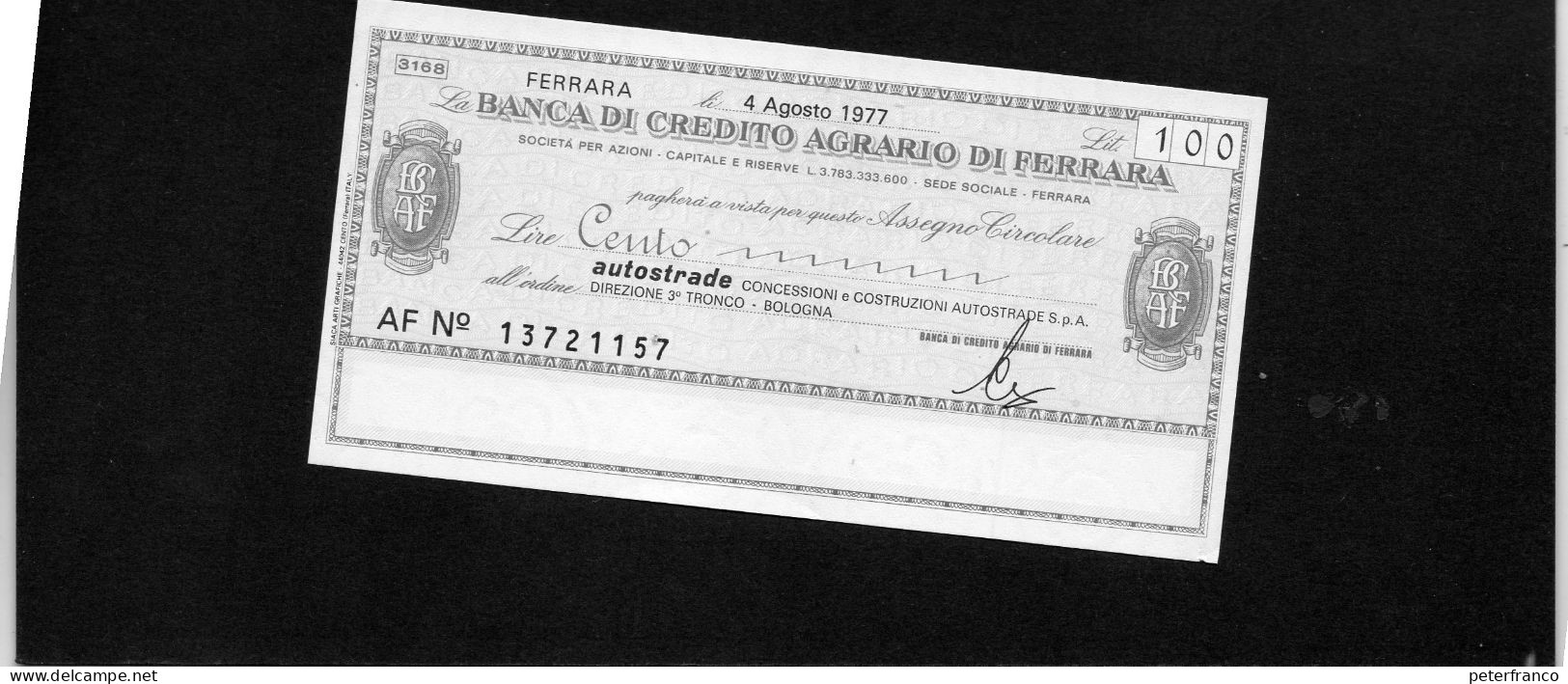 Miniassegno Banca Di Credito Agricolo Di Ferrara -- Ferrara 1977 - Non Classés