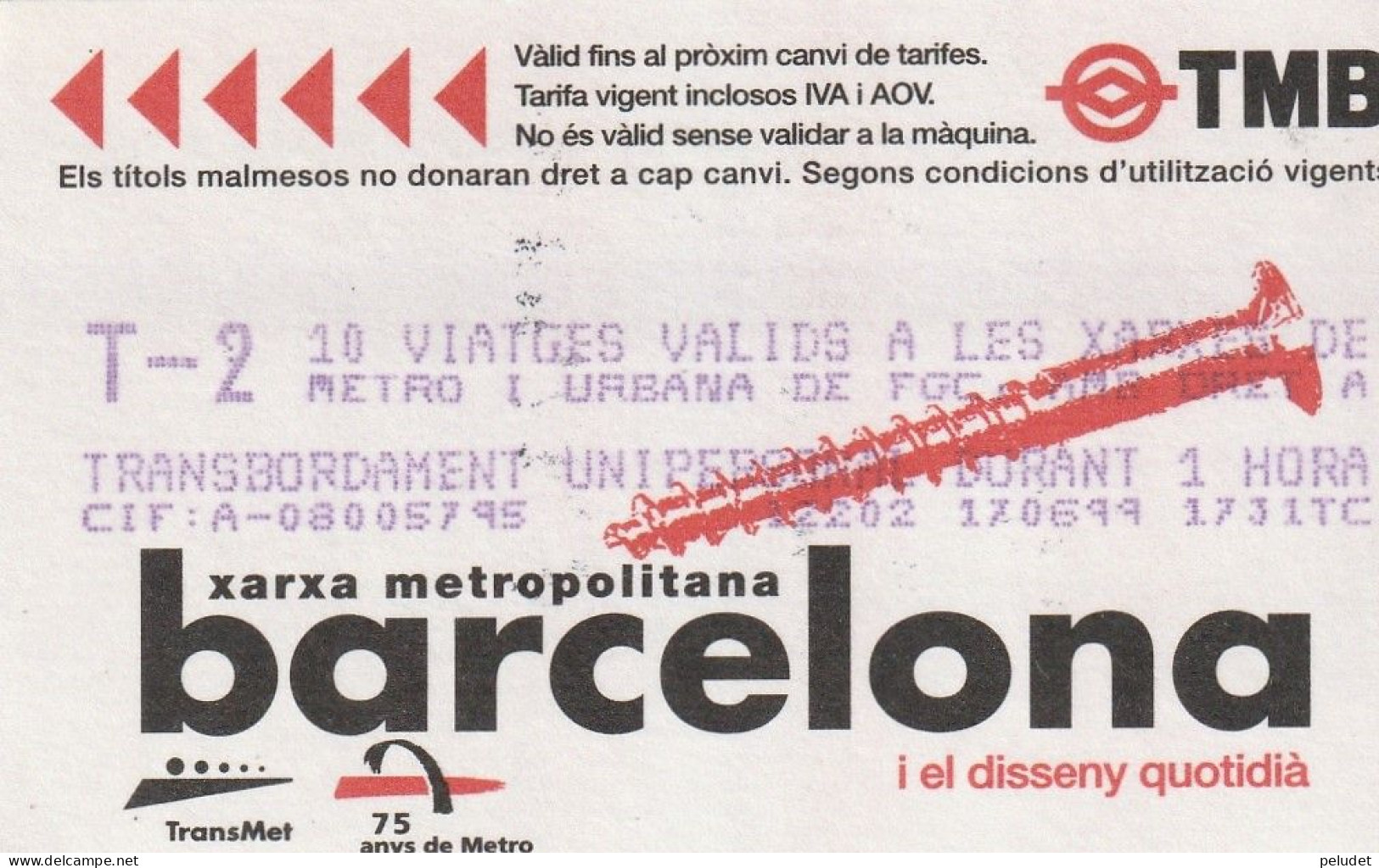 Ticket  Metro Subway Barcelona TMB - FGC - 1999-2000? - Europa