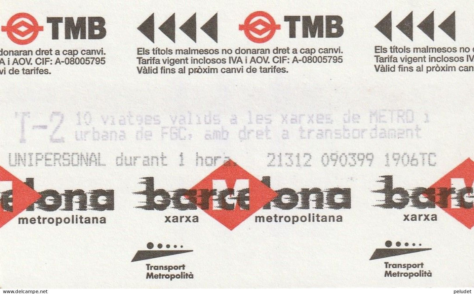 Ticket  Metro Subway Barcelona TMB - FGC - 1999-2000? - Europa