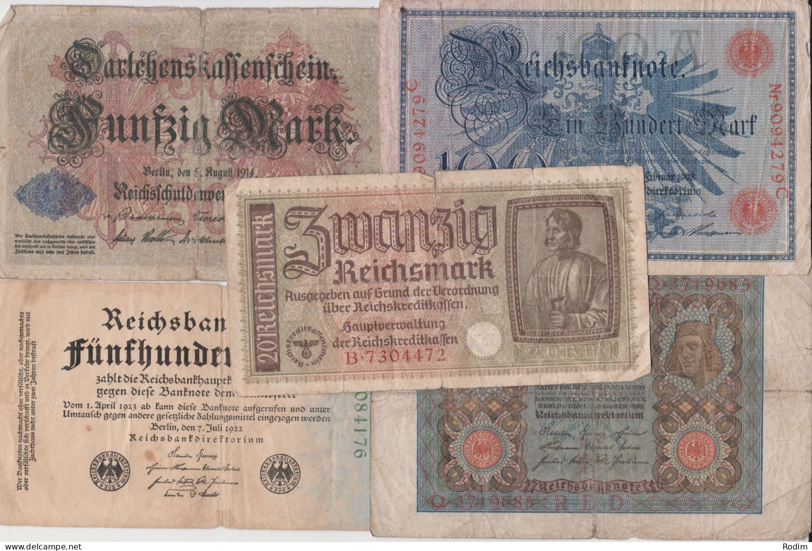 Lot Germany 3rd Reich 5 Banknotes 1908-1945 Reichsmark, WW1, WW2 - Collections