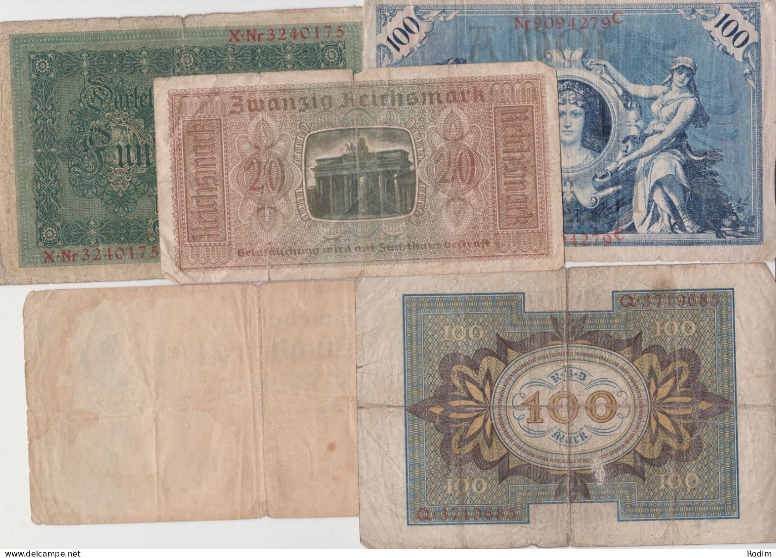 Lot Germany 3rd Reich 5 Banknotes 1908-1945 Reichsmark, WW1, WW2 - Collections