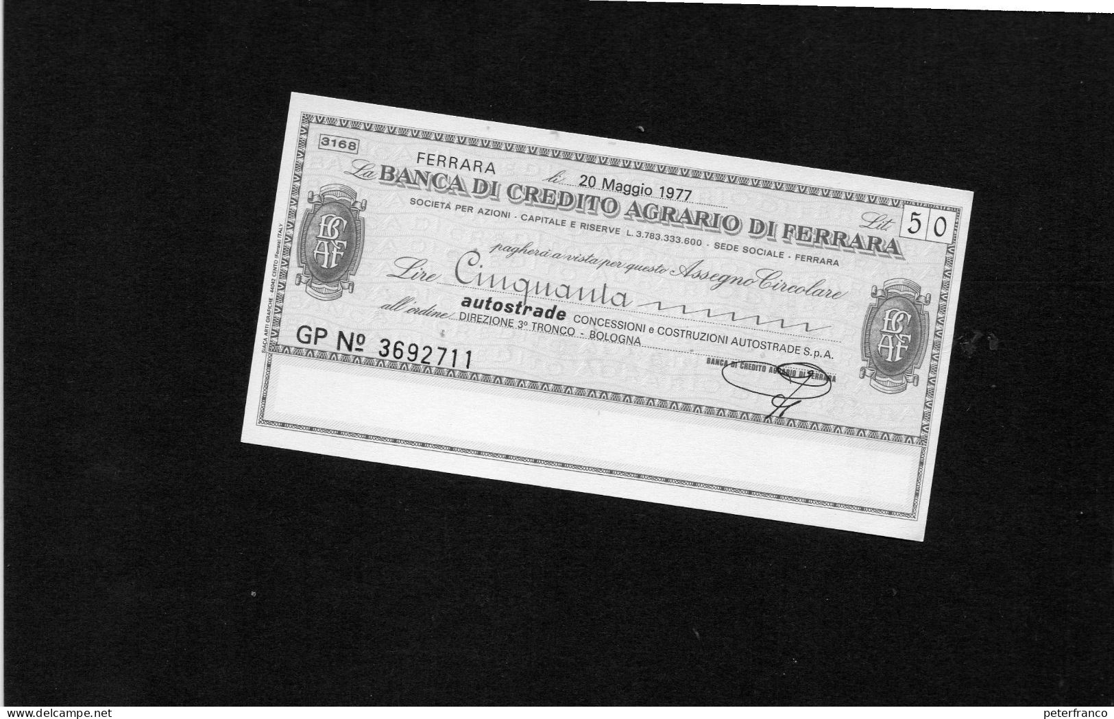 Miniassegno Banca Di Credito Agricolo Di Ferrara -- Ferrara 1977 - Non Classés