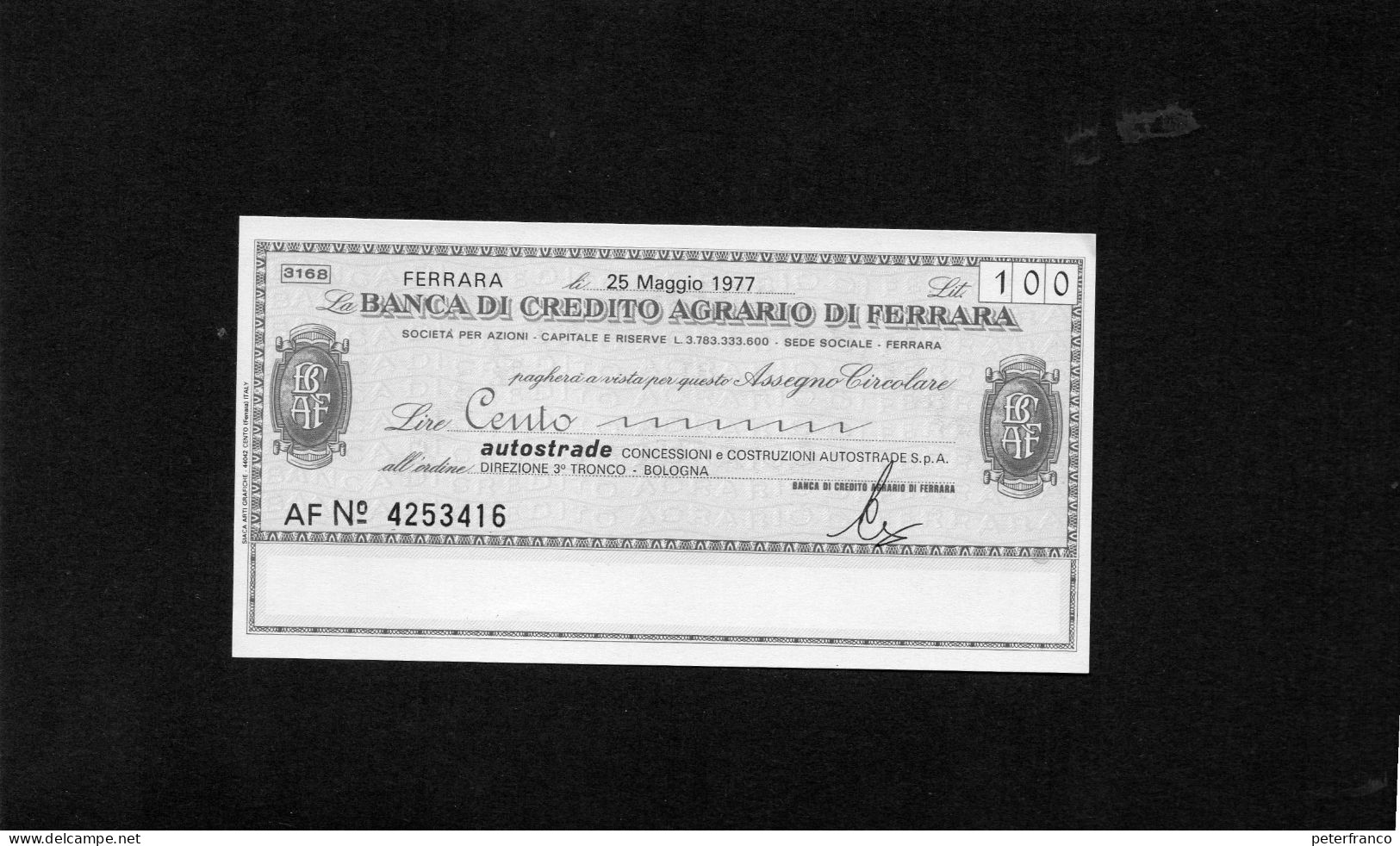 Miniassegno Banca Di Credito Agricolo Di Ferrara -- Ferrara 1977 - Non Classés