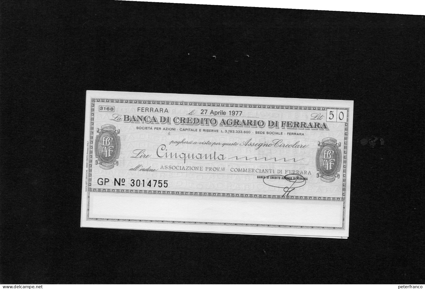 Miniassegno Banca Di Credito Agricolo Di Ferrara -- Ferrara 1977 - Non Classés