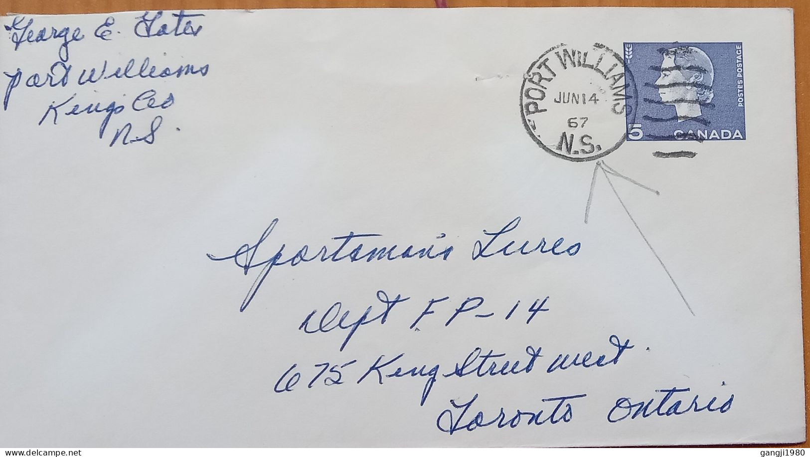 CANADA 1967, POSTAL STATIONERY, COVER USED, QUEEN PORTRAIT,  PORT WILLIAMS CITY CANCEL. - Lettres & Documents