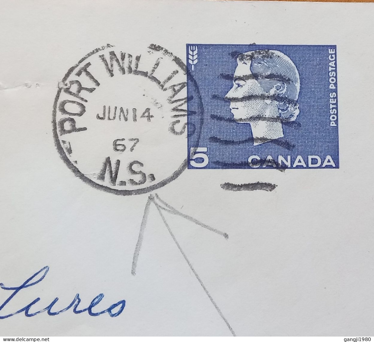 CANADA 1967, POSTAL STATIONERY, COVER USED, QUEEN PORTRAIT,  PORT WILLIAMS CITY CANCEL. - Storia Postale