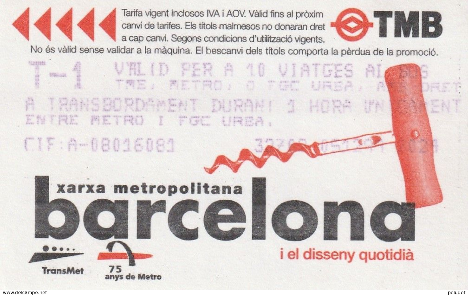 Ticket  Metro Subway Barcelona TMB - FGC - 1999-2000? - Europe