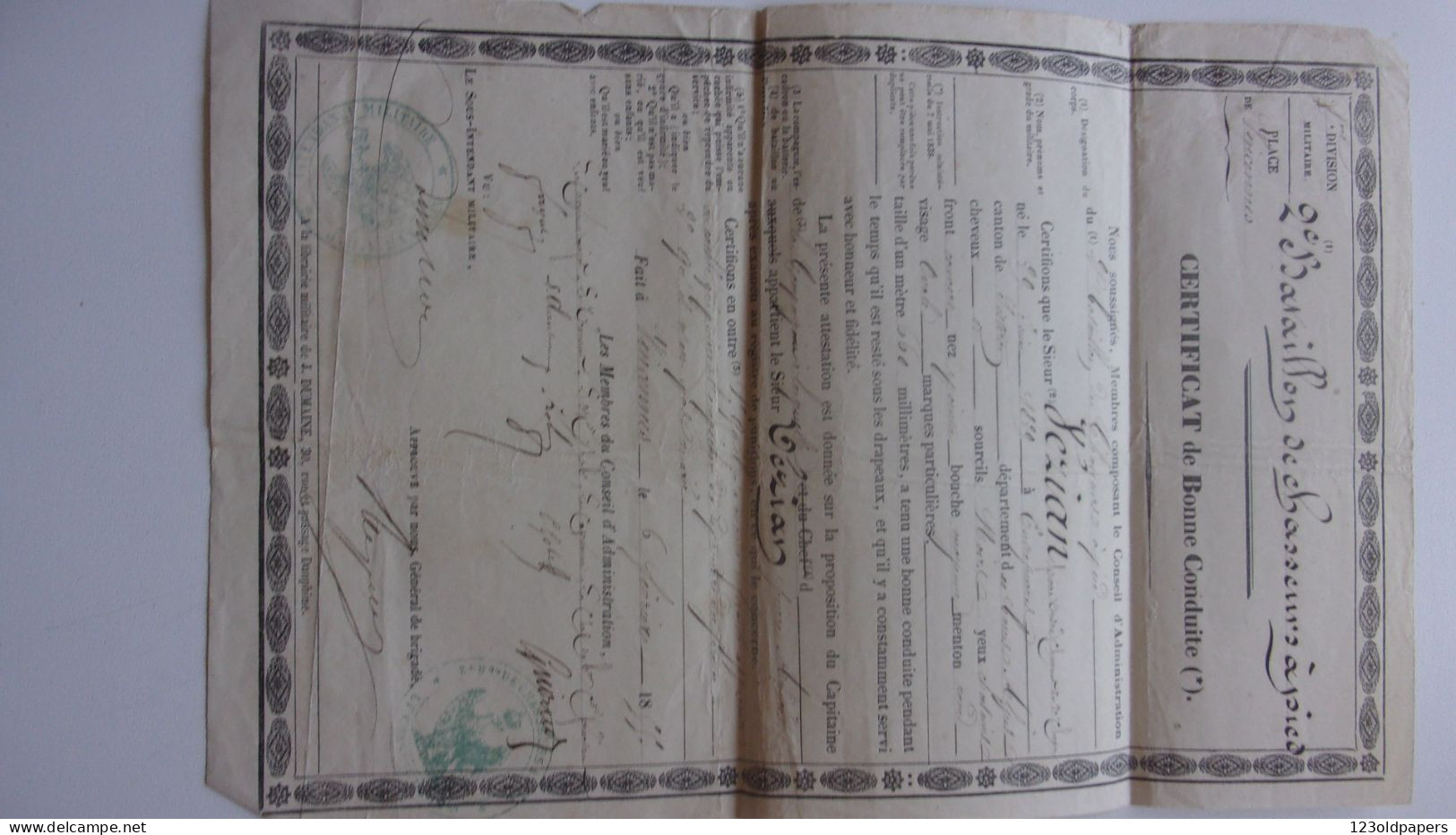 1855 Certificat De Bonne Conduite  2 EME BATAILLON DE CHASSEURS A PIEDS VEZIAN ENTREPIERRES SISTERON BASSES ALPES - Documenten