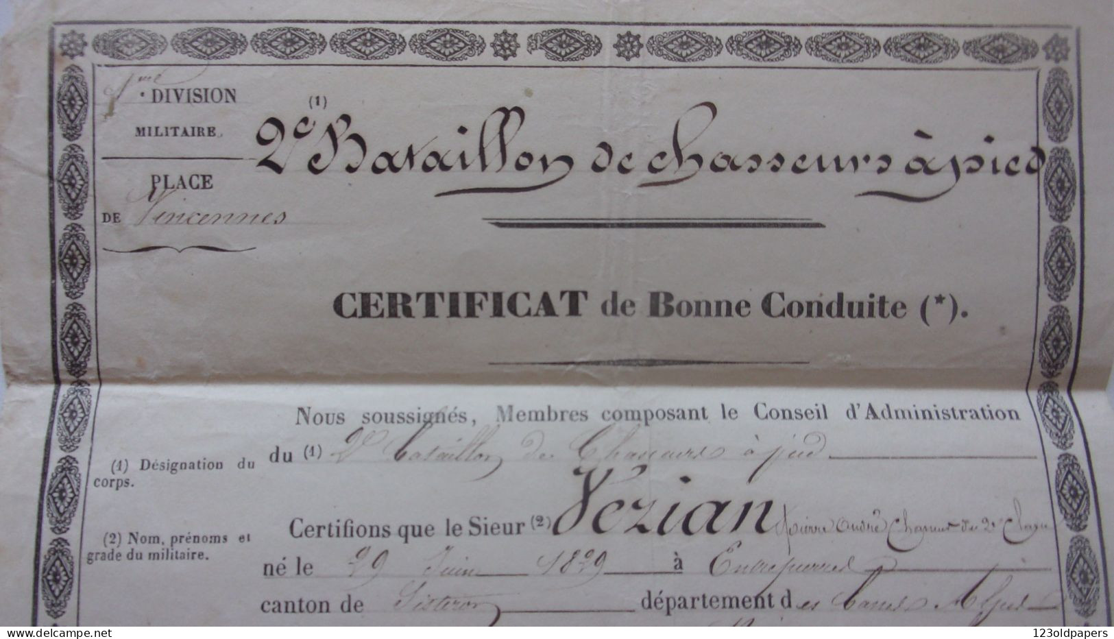1855 Certificat De Bonne Conduite  2 EME BATAILLON DE CHASSEURS A PIEDS VEZIAN ENTREPIERRES SISTERON BASSES ALPES - Dokumente