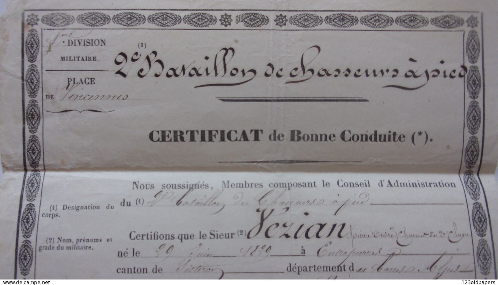 1855 Certificat De Bonne Conduite  2 EME BATAILLON DE CHASSEURS A PIEDS VEZIAN ENTREPIERRES SISTERON BASSES ALPES - Documentos