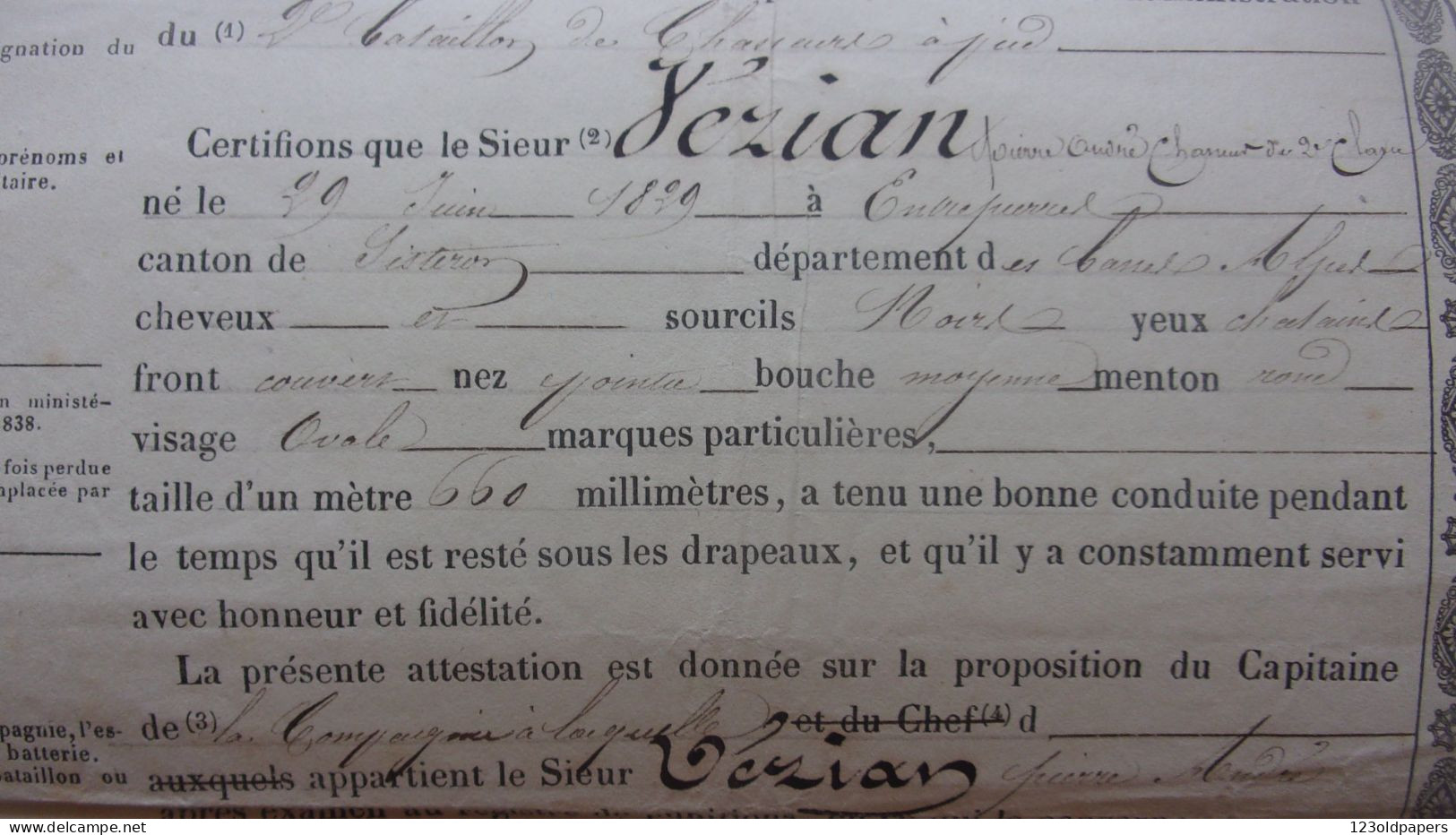 1855 Certificat De Bonne Conduite  2 EME BATAILLON DE CHASSEURS A PIEDS VEZIAN ENTREPIERRES SISTERON BASSES ALPES - Documentos