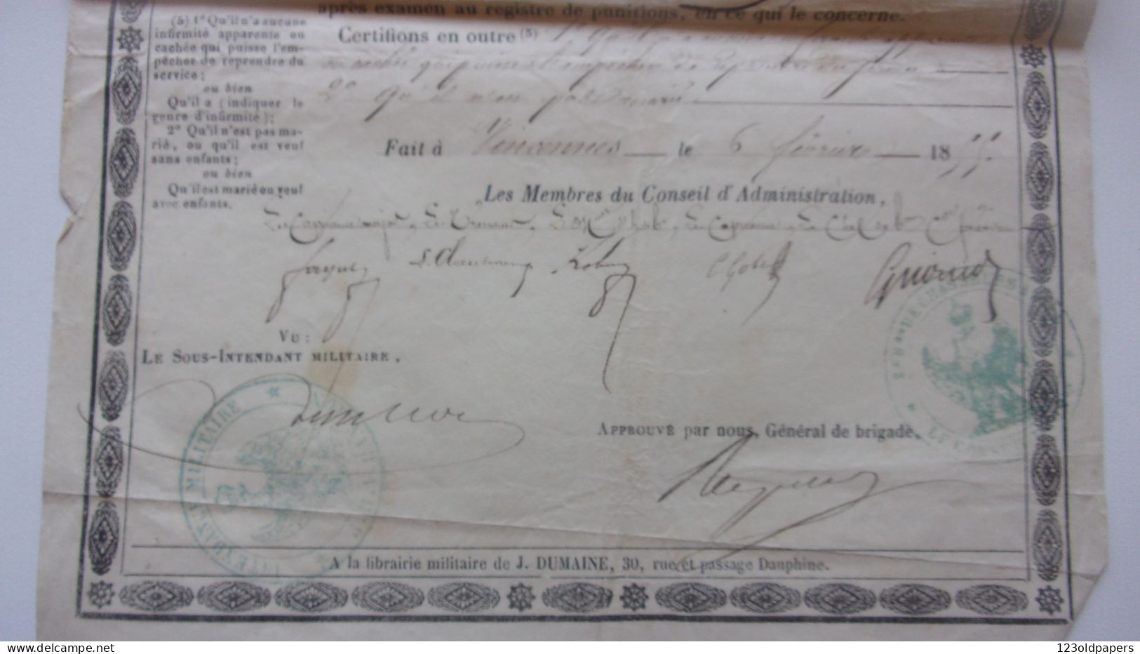 1855 Certificat De Bonne Conduite  2 EME BATAILLON DE CHASSEURS A PIEDS VEZIAN ENTREPIERRES SISTERON BASSES ALPES - Documenten