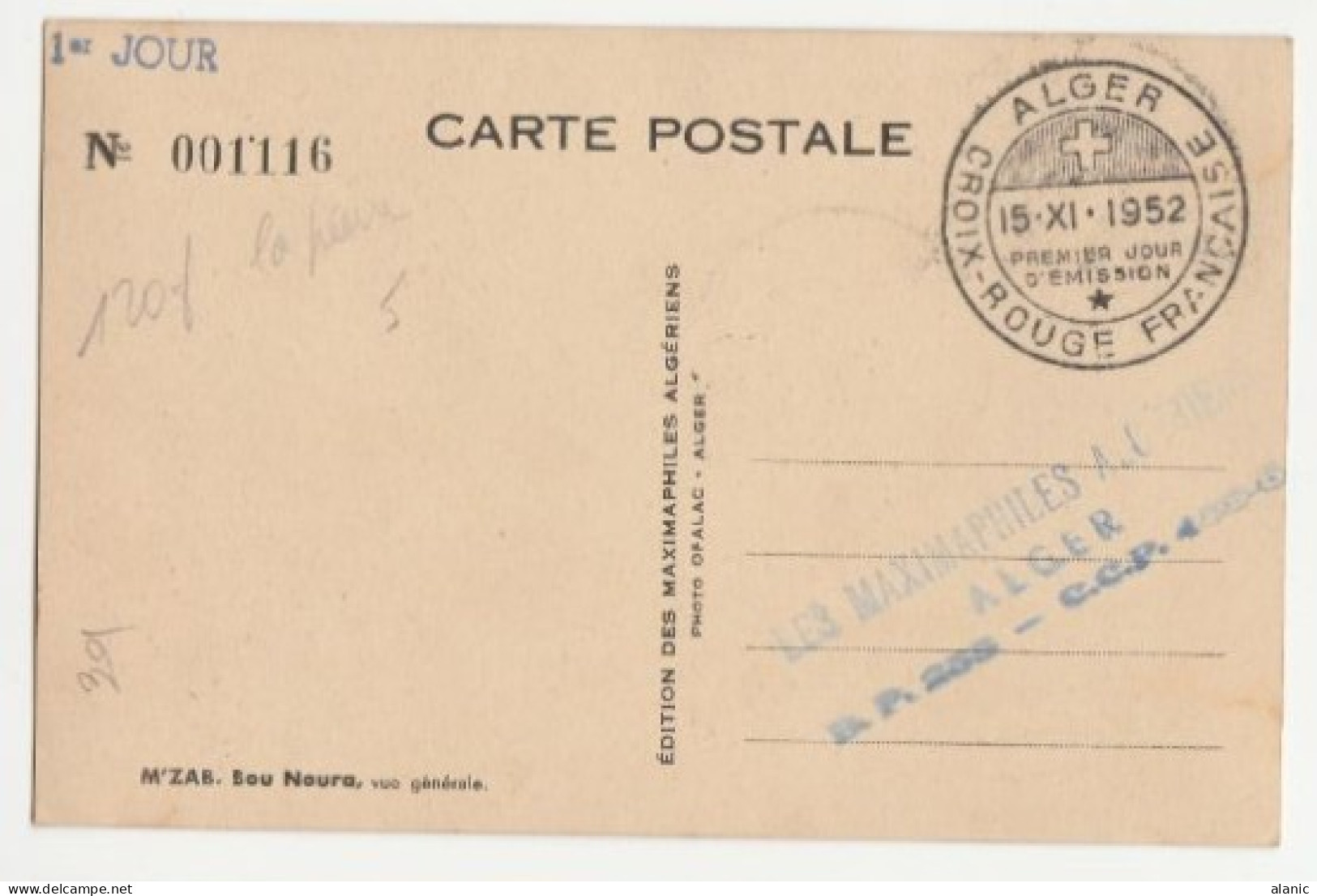 ALGERIE CARTE MAXIMUM  N° 301 CROIX ROUGE 1952 - Cartes-maximum