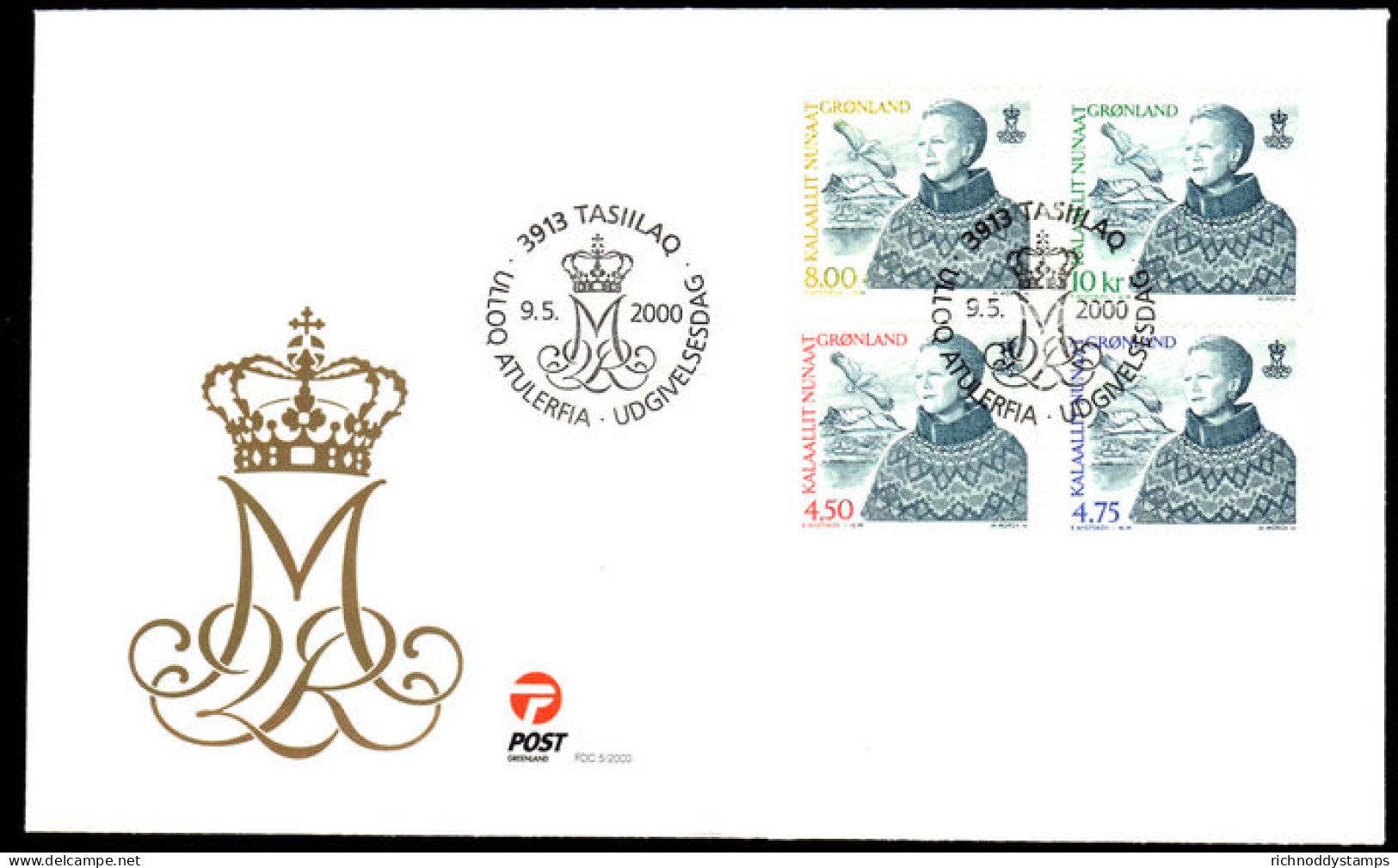 Greenland 2000 Margrethe 2000 Values First Day Cover - Brieven En Documenten