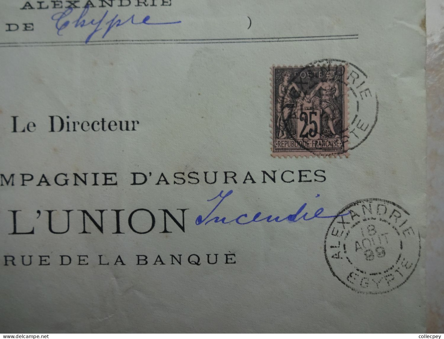 EGYPTE ALEXANDRIE ENVELOPPE LETTRE 1899 Timbre Français - Brieven En Documenten