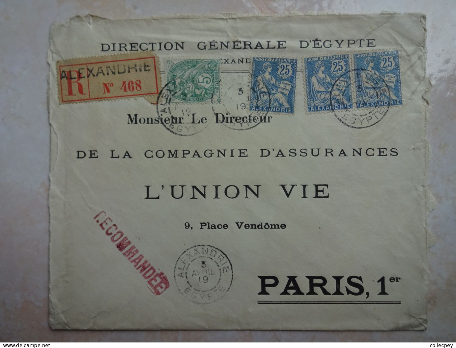 EGYPTE ALEXANDRIE ENVELOPPE LETTRE Recommandée 1919 Timbre Français Oblitération - Covers & Documents